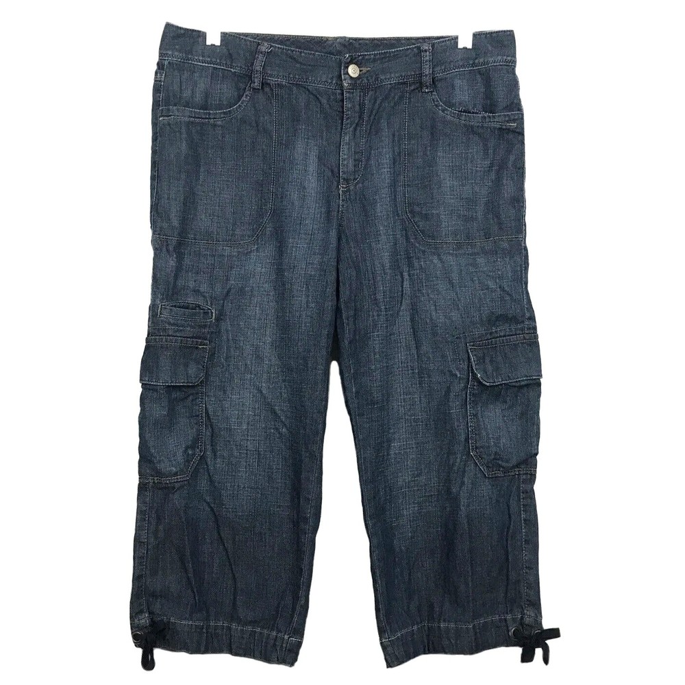 Eddie Bauer Womens Size 10 Capris Cropped Denim Blue Jeans Cargo Hiking Outdoor
